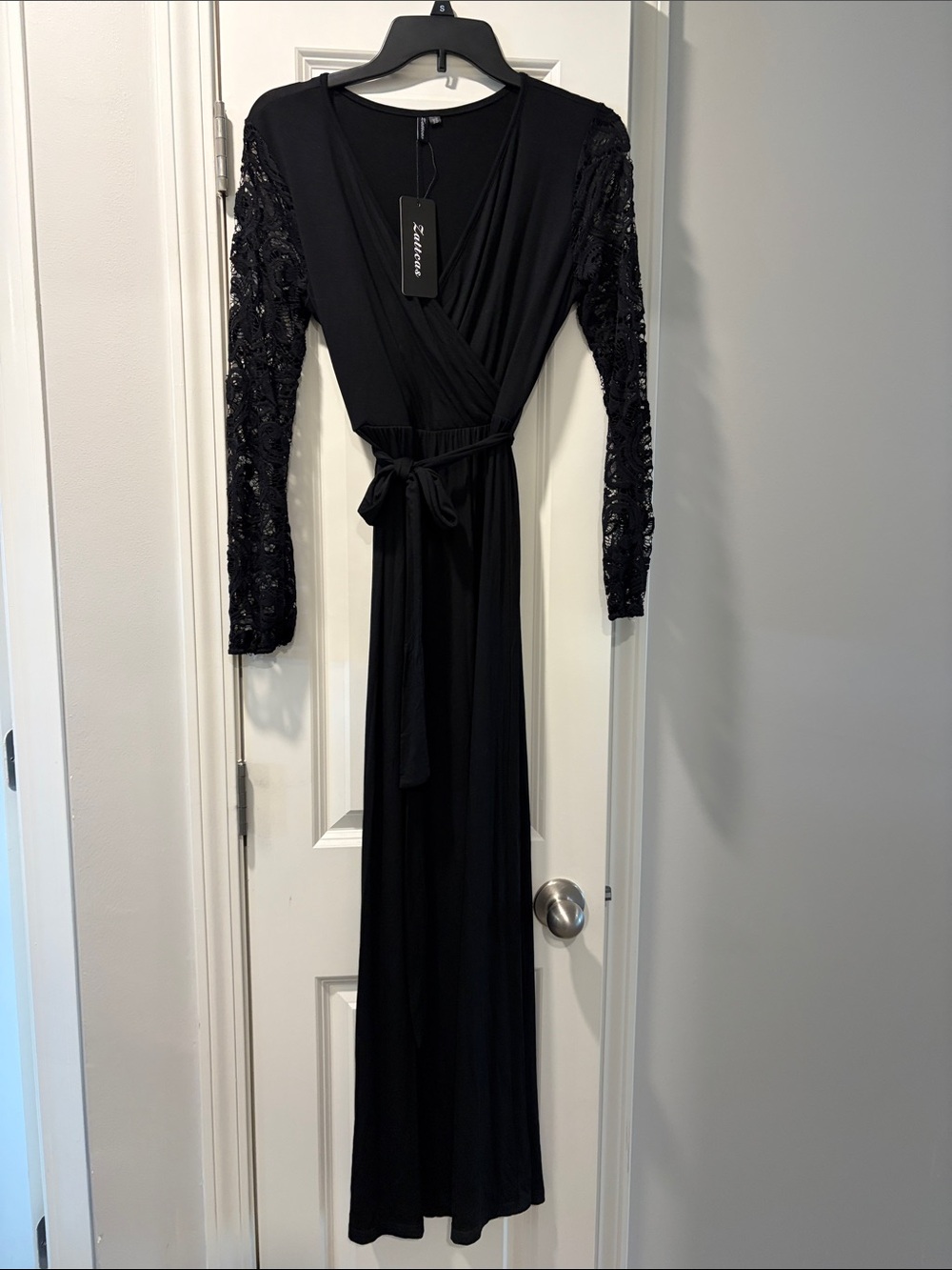 Black Lace-Sleeve Wrap Maxi Dress with Tie Waist